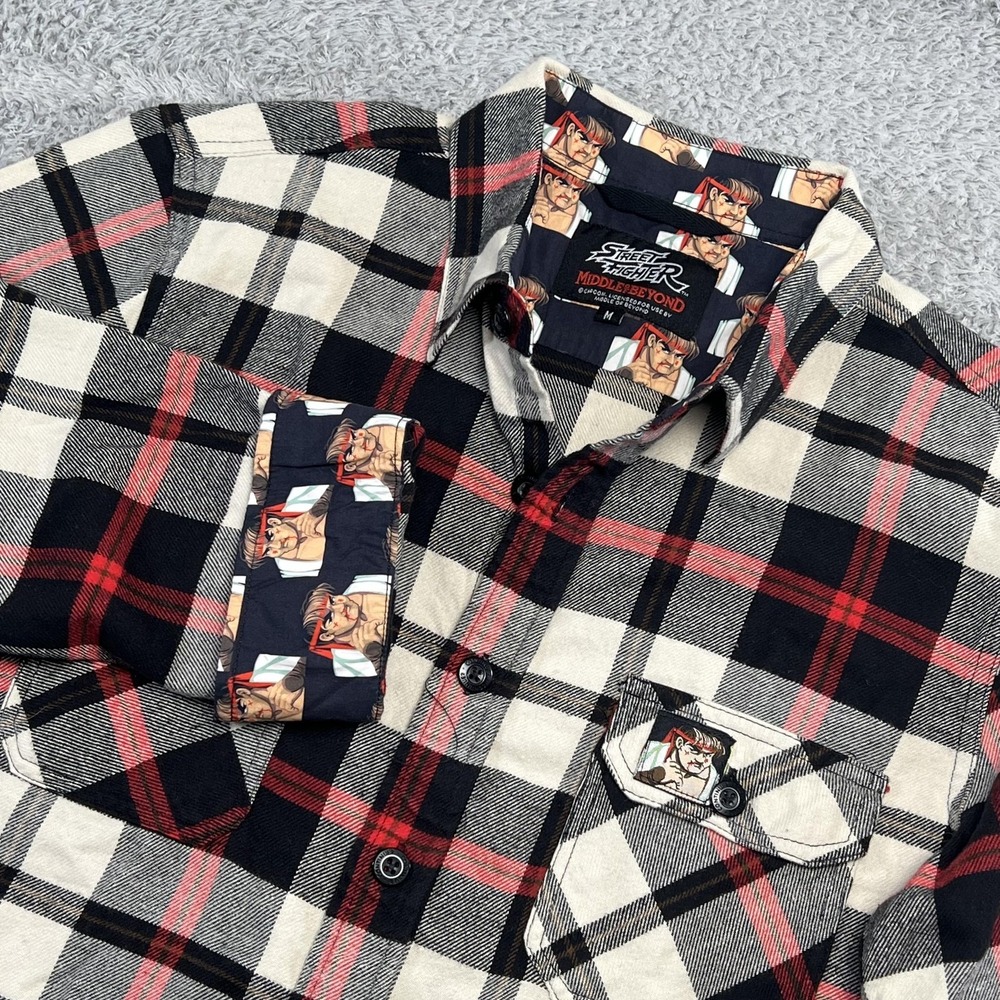 Middle Of Beyond Street Fighter Shirt Mens Medium Plaid Ryu Flannel Long Sleeve